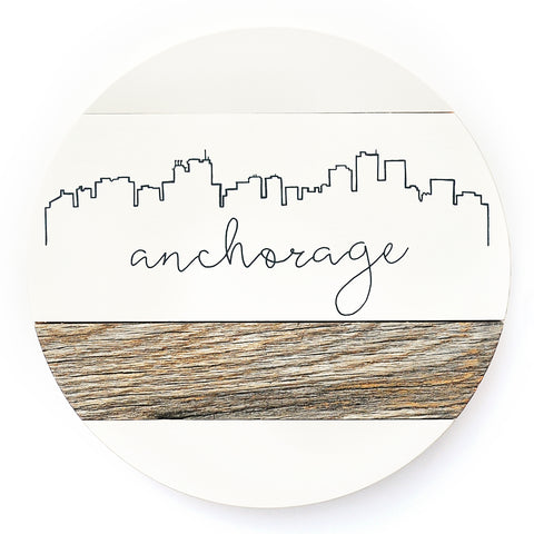 Anchorage Skyline :: Round Wood Sign