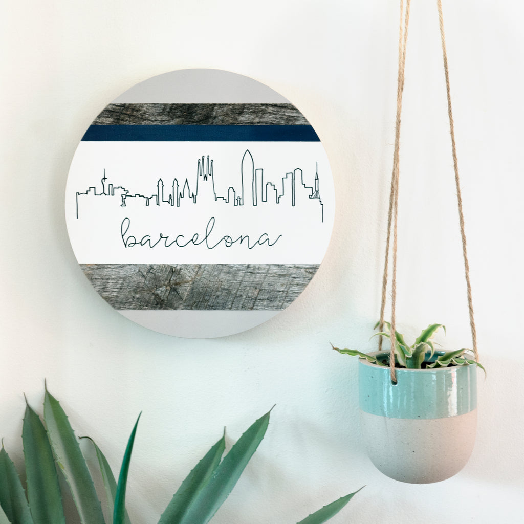 Barcelona City Skyline :: Round Wood Sign