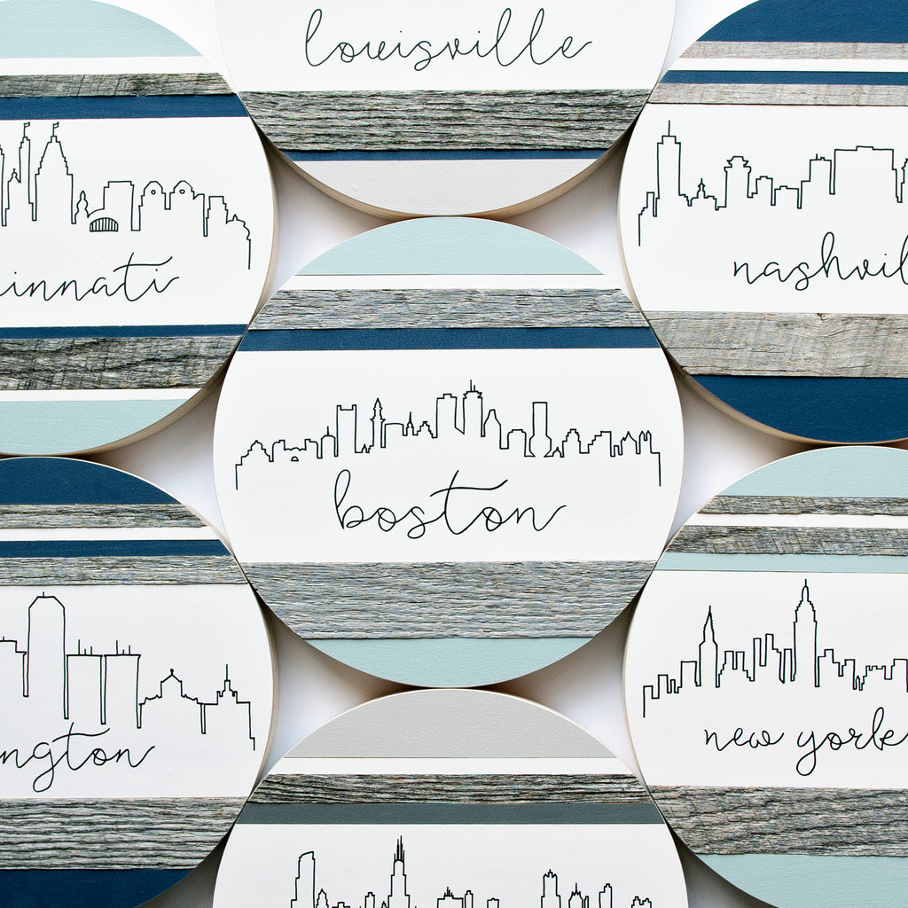 Boston City Skyline :: Round Wood Sign