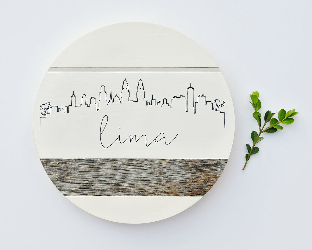 Lima Skyline :: Round Wood Sign