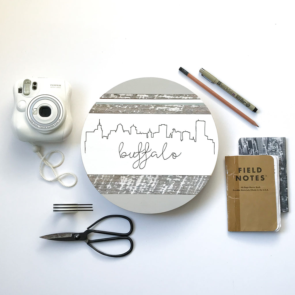 Buffalo Skyline :: Round Wood Sign