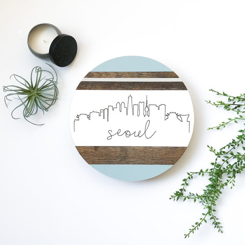 Seoul Skyline :: Round Wood Sign