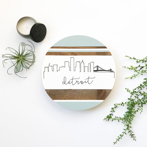 Detroit Skyline :: Round Wood Sign
